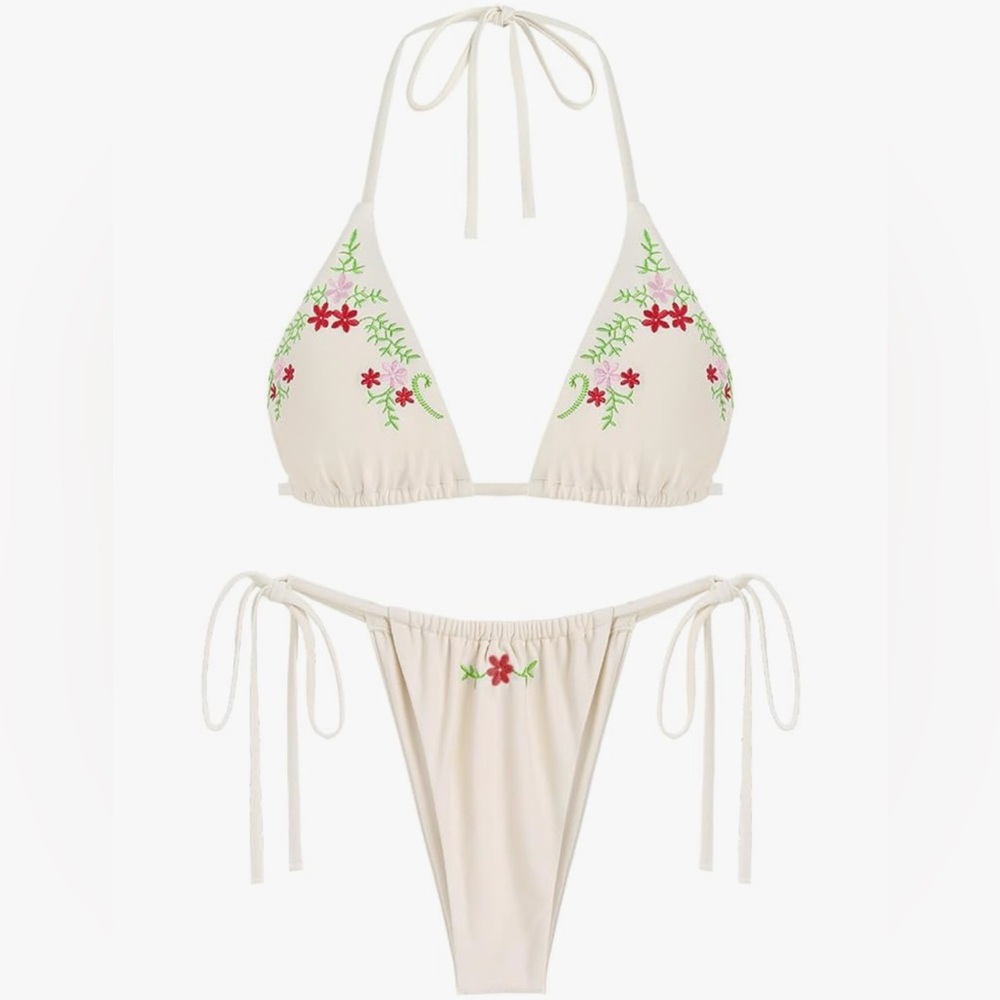 Zaful White Floral Embroidered Bikini Set